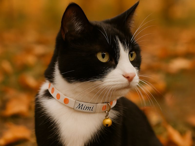 Verstelbare oranje kattenhalsband met veiligheidssluiting, gouden bel, witte gesp en gegraveerd zilveren naamplaatje kat – ideaal voor personalisatie.